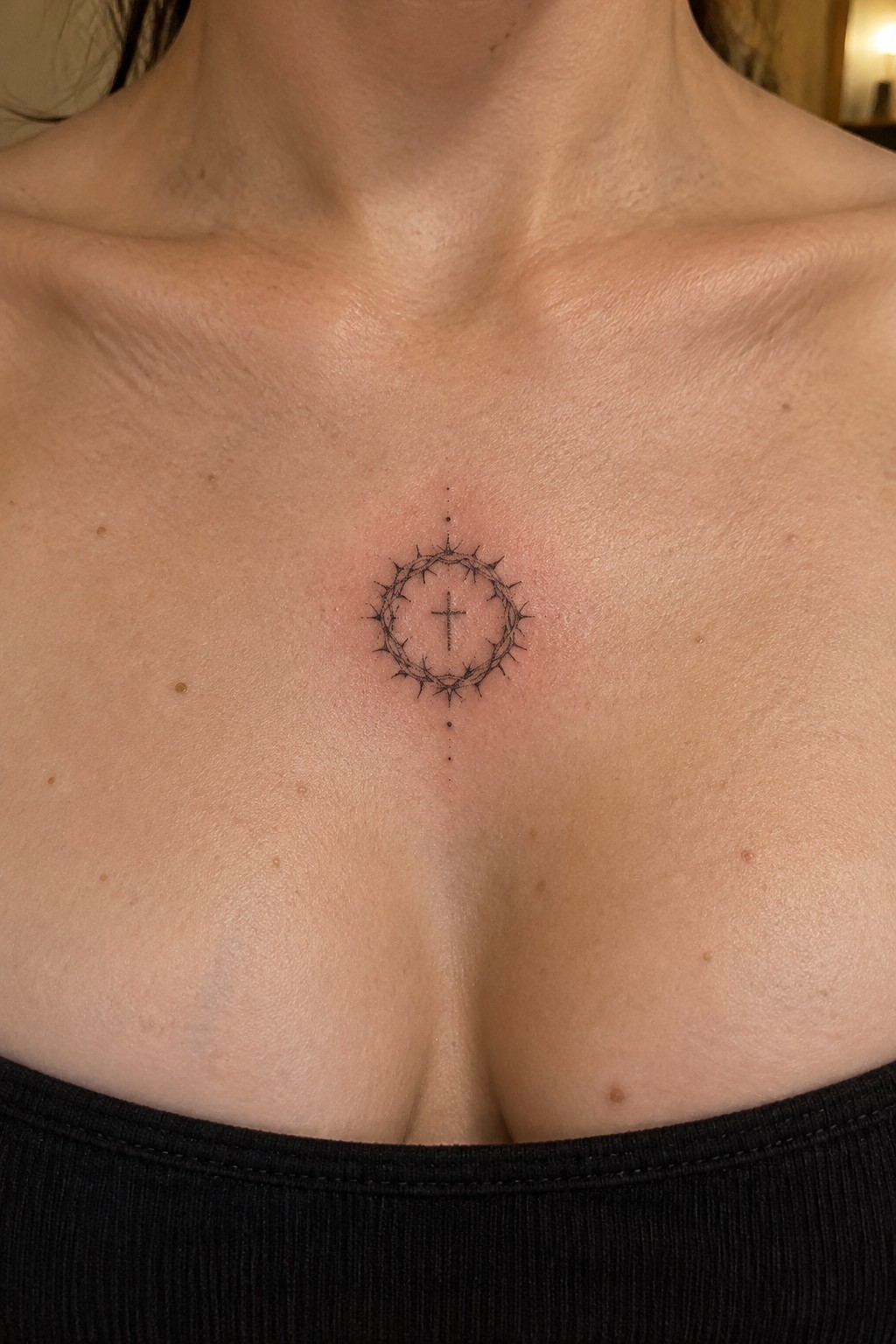 Small fine line tattoo of a crown of thorns surrounding a cross, centered on the upper chest with dotted lines extending vertically above and below.