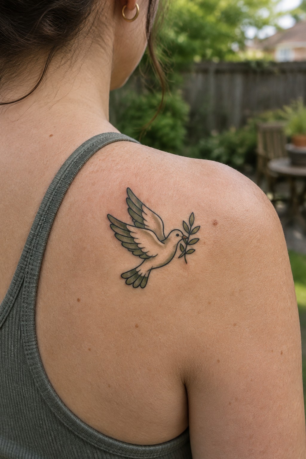 Shoulder with flying dove and olive branch tattoo above gray tank top