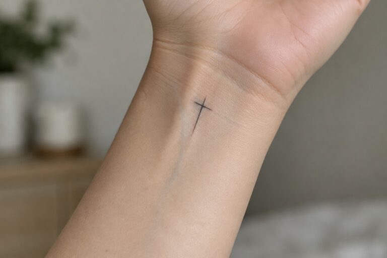21 Small Baptism-Inspired Tattoos Featuring Christian Symbols Small black cross tattoo on light-skinned inner wrist in close-up