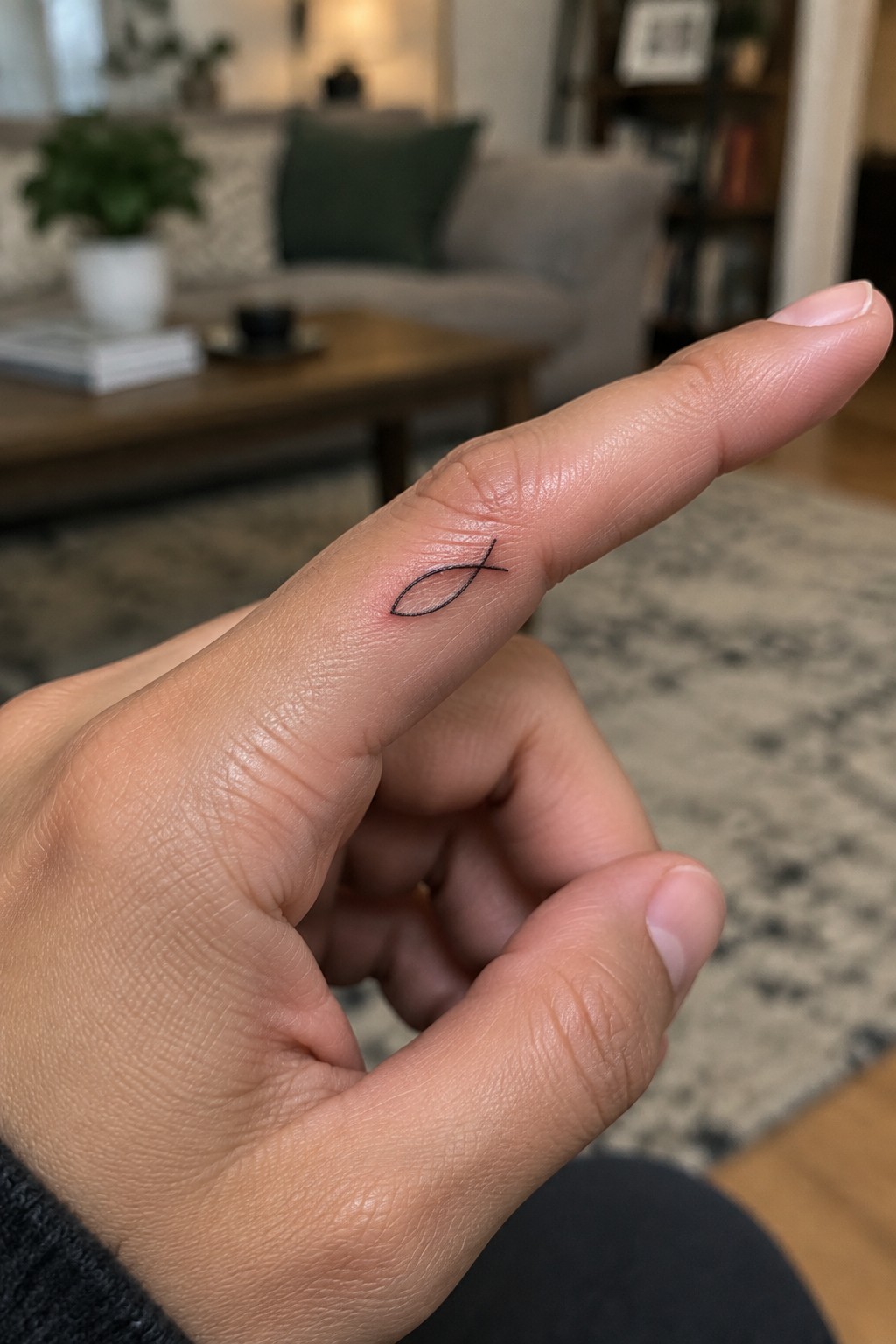 Small black line drawing of a christian fish symbol tattooed on the side of an index finger