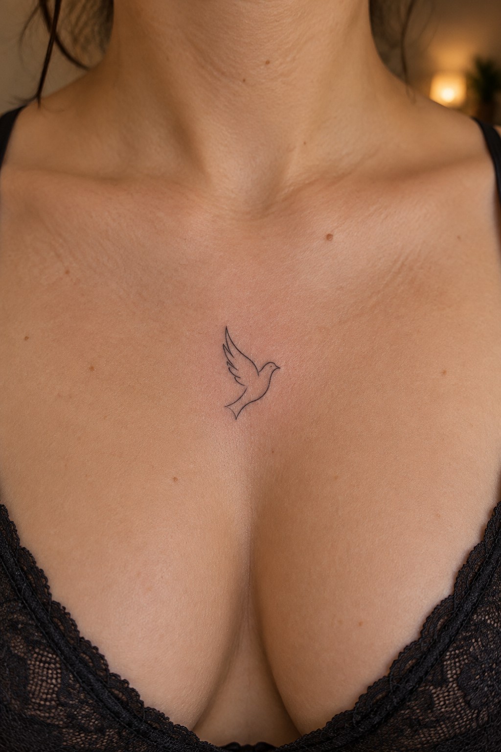 Small bird tattoo centered on chest above black lace bra