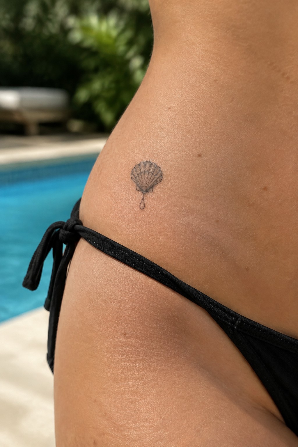 Small black seashell tattoo on hip above tied black bikini by blue pool
