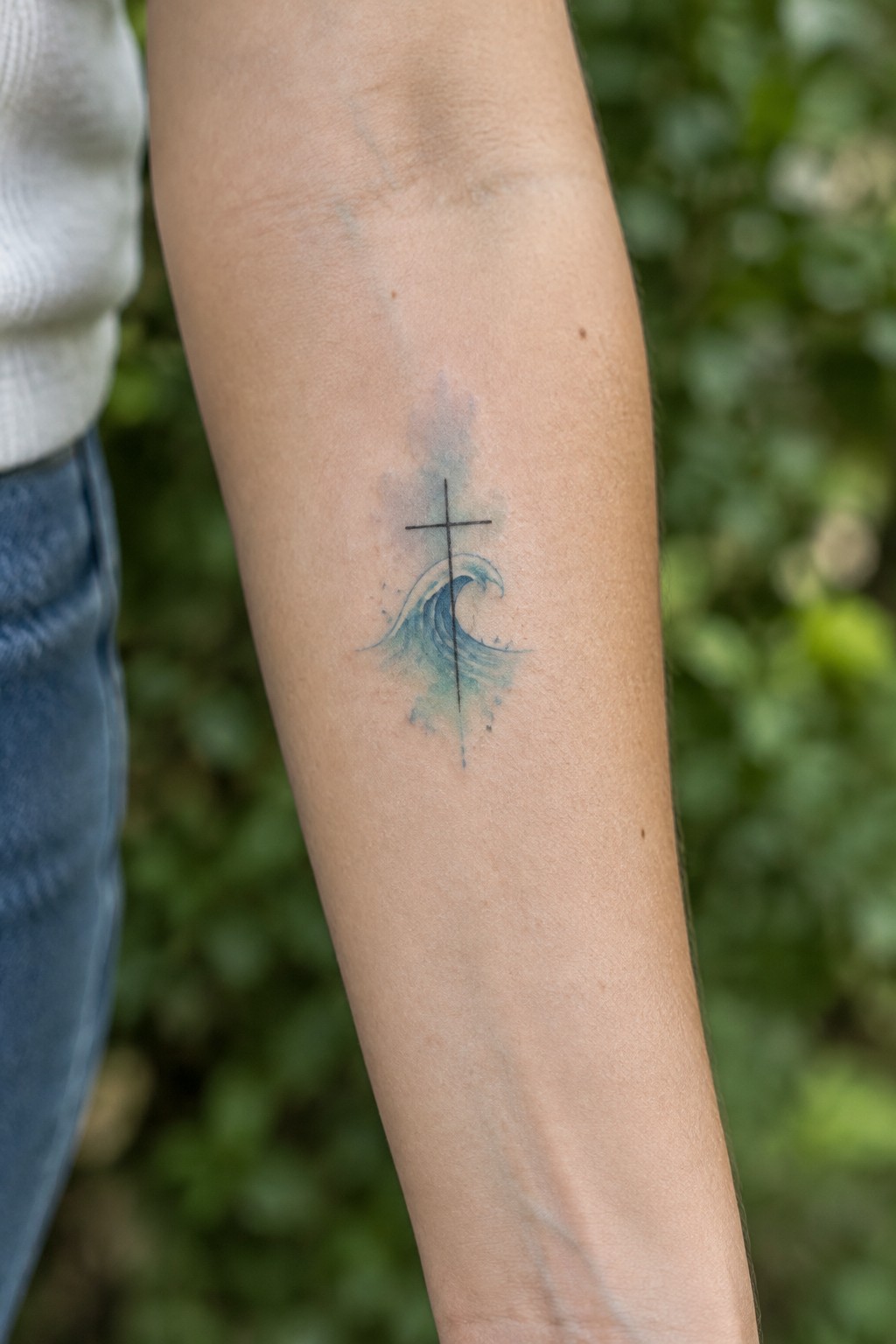 Person's forearm with blue wave and black cross tattoo, white top, blue jeans, green background