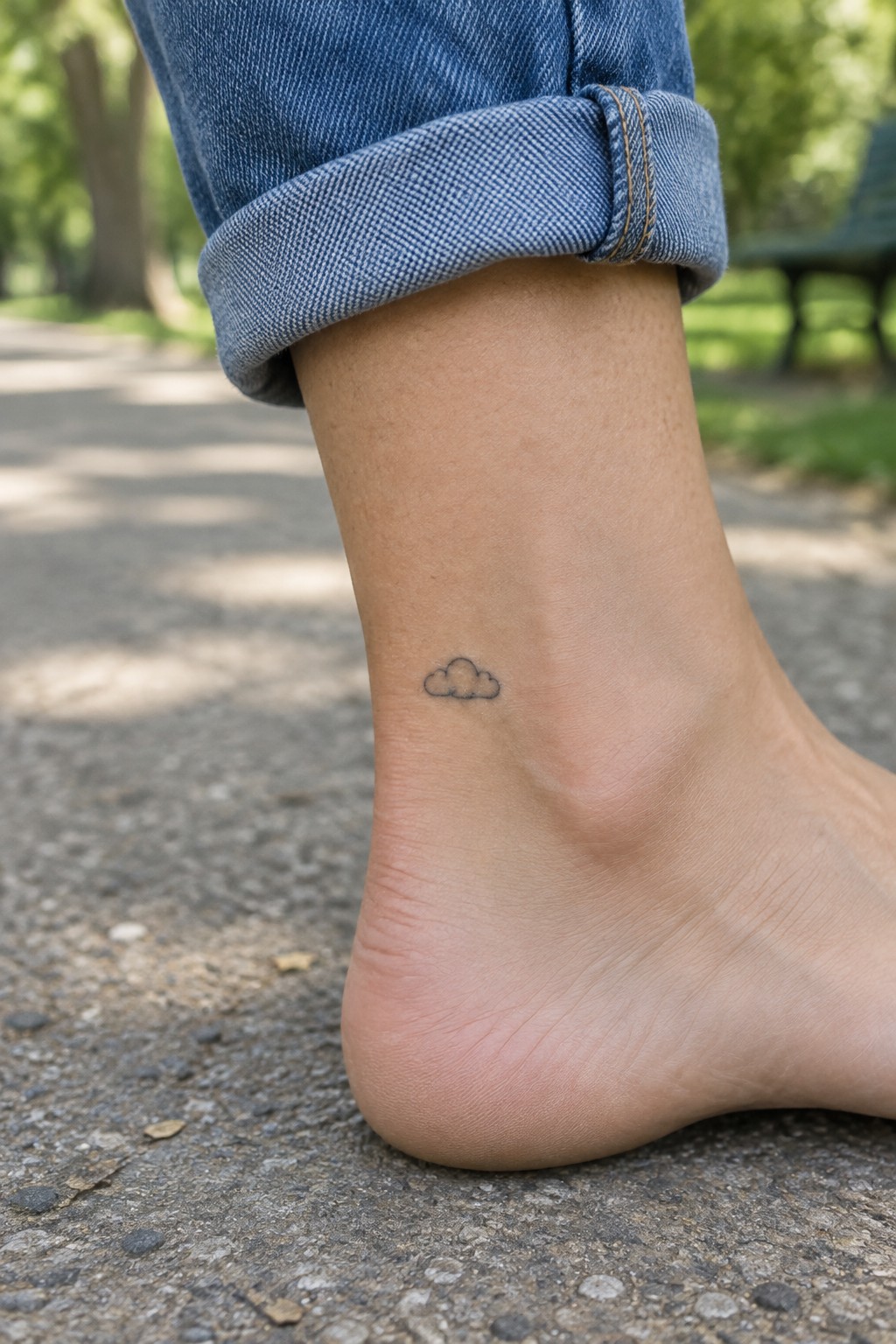 Small black outline cloud tattoo on the outer ankle above the heel
