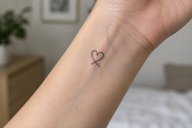 Small black heart tattoo on light-skinned inner wrist.