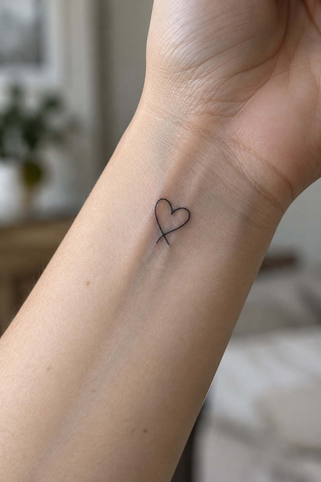 Small black heart tattoo on light-skinned inner wrist.