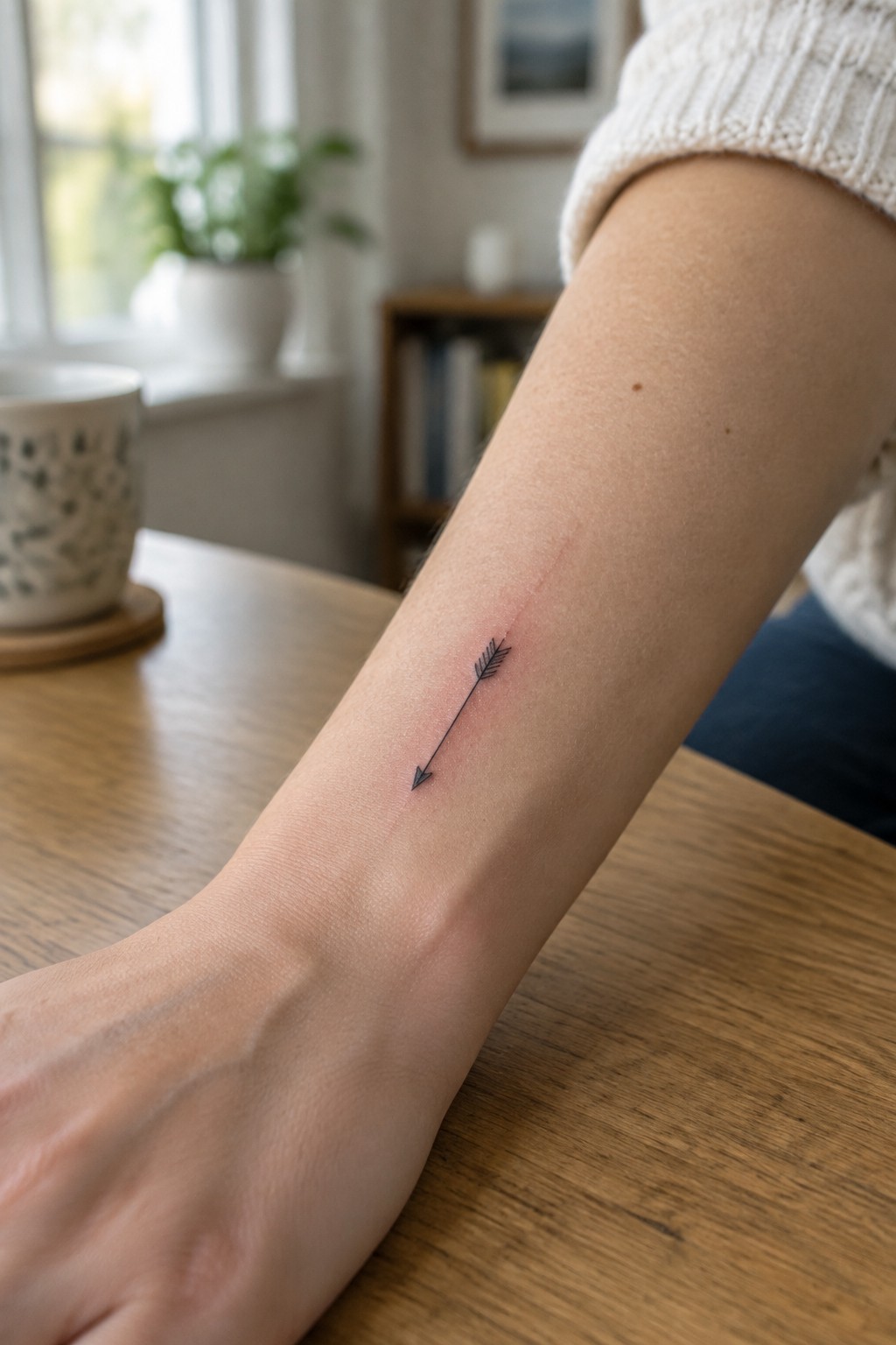 Arm in white knit sweater with black arrow tattoo on wrist over wooden table