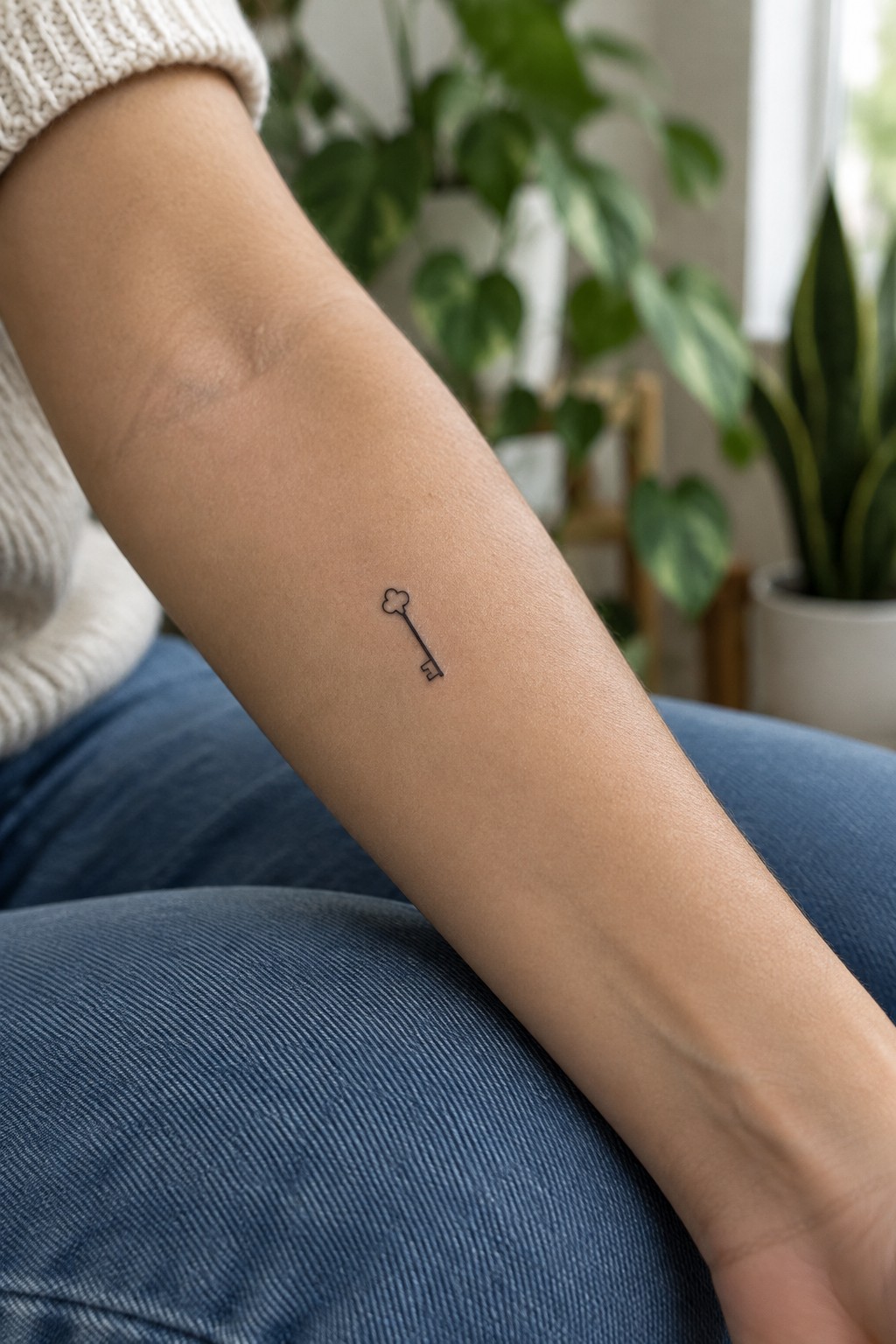Small black outline key tattoo with clover shaped bow on the inner forearm of a person in a cream sweater and blue jeans, sitting near houseplants.