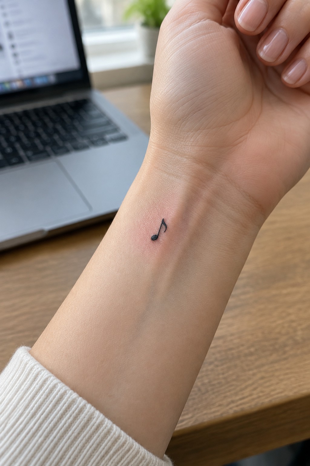 Small black musical note tattoo on inner wrist above white sweater cuff