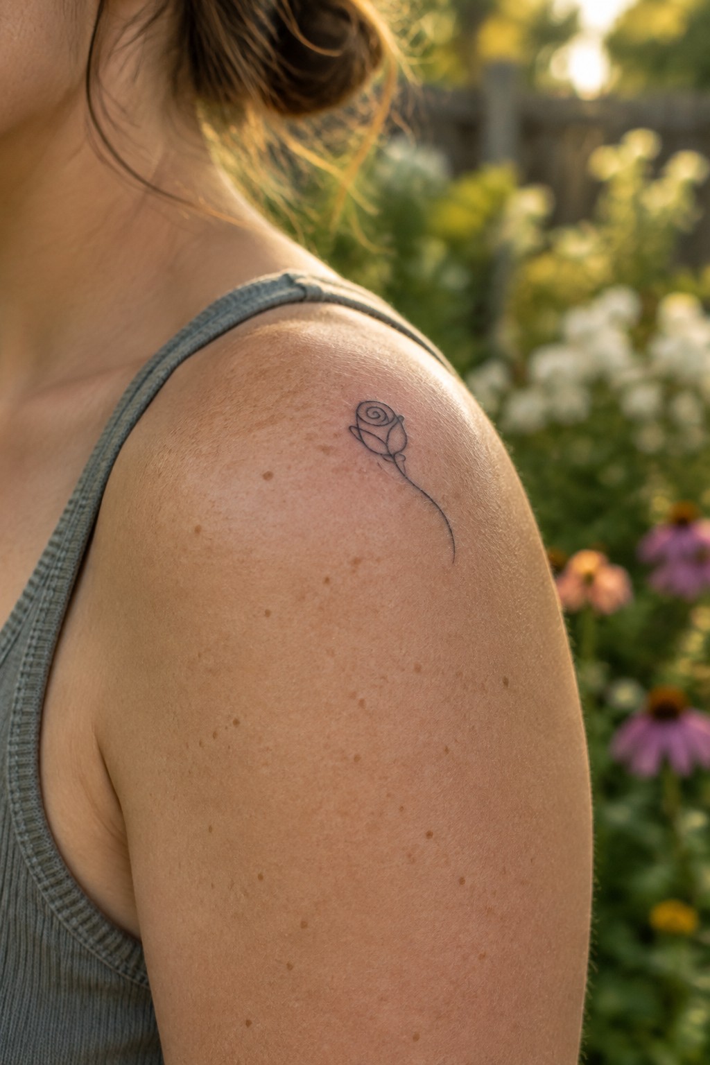 Small rose tattoo on freckled shoulder above gray tank top in garden