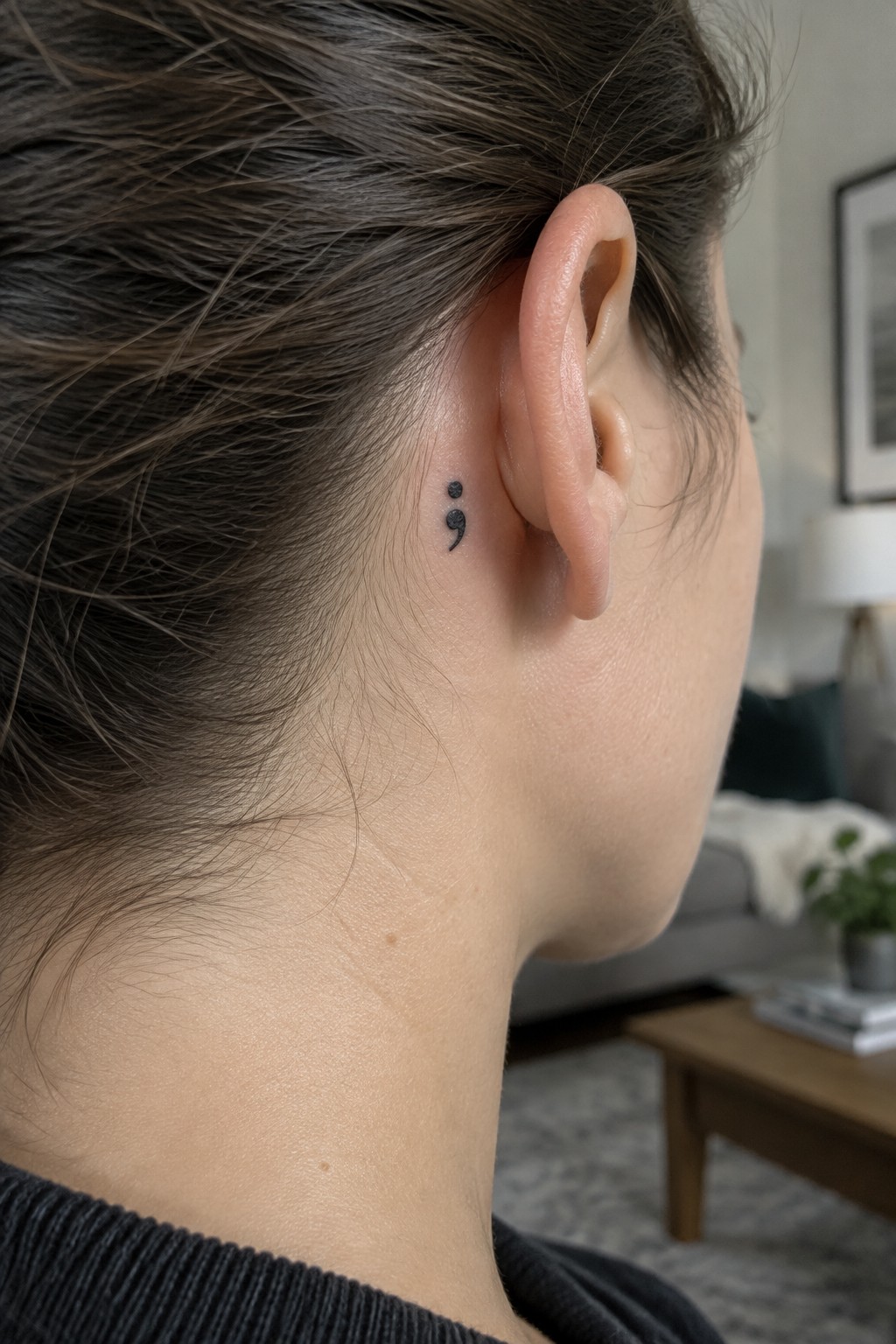 Semicolon tattoo behind ear on person with pulled-back brown hair