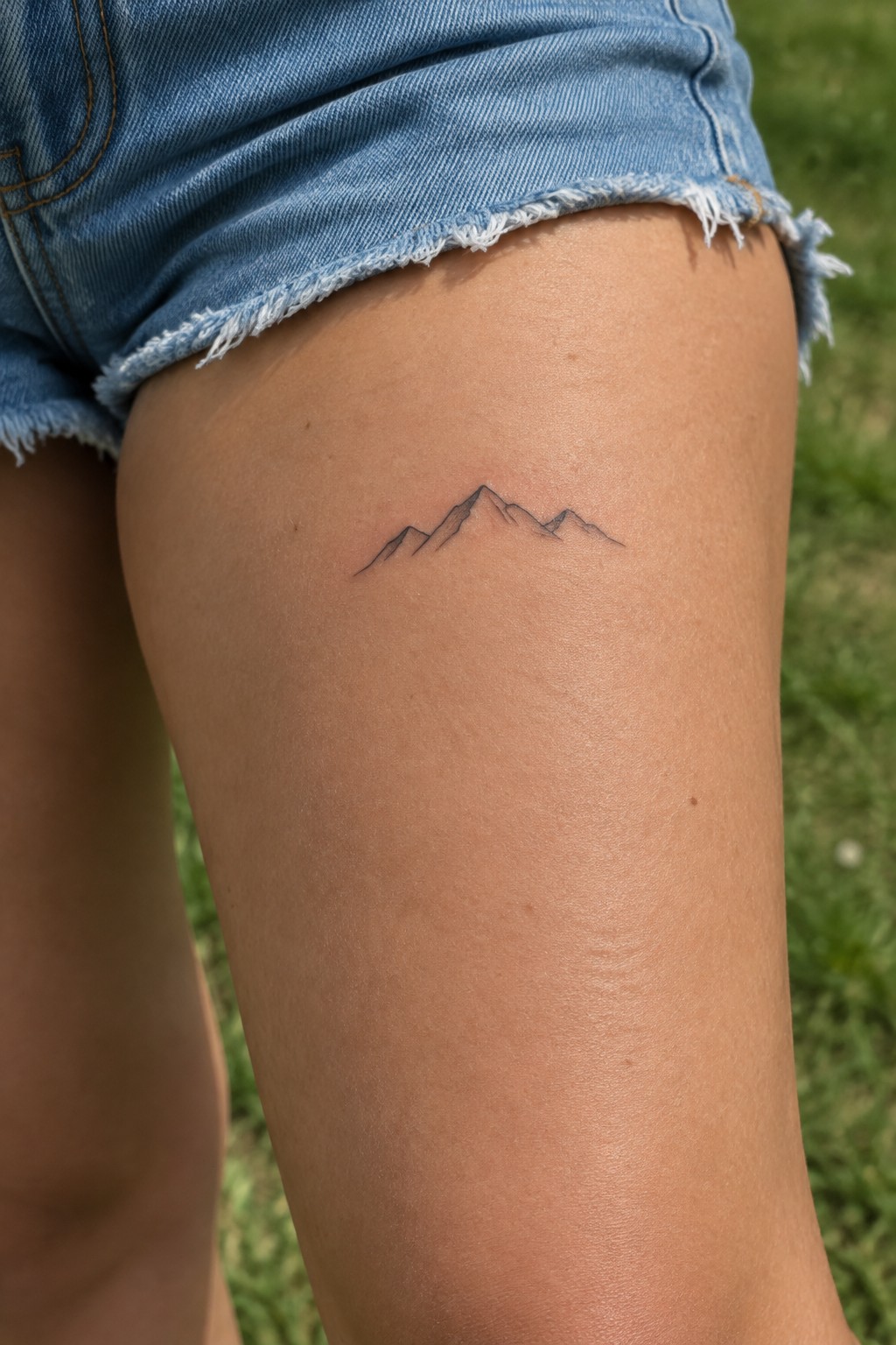 Mountain range tattoo on thigh below frayed blue denim shorts on grass
