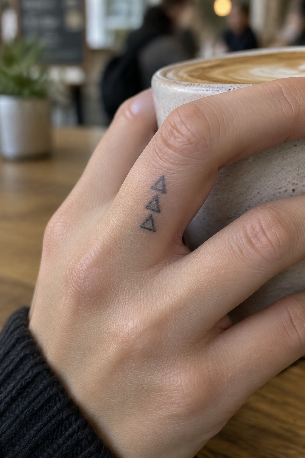 Hand with black triangle tattoo holding latte in speckled mug
