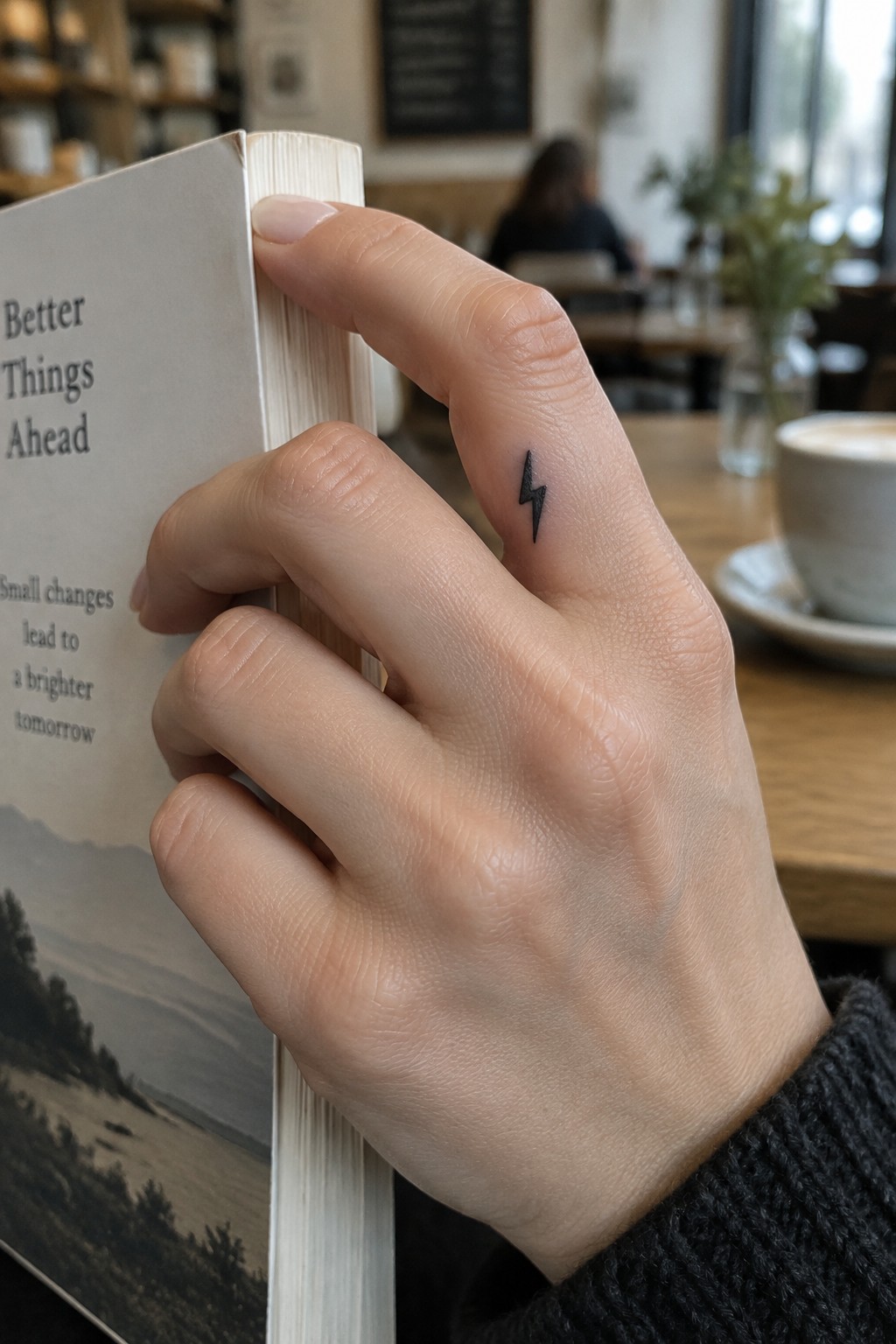 Hand with lightning bolt tattoo holding open book beside coffee cup in cafe