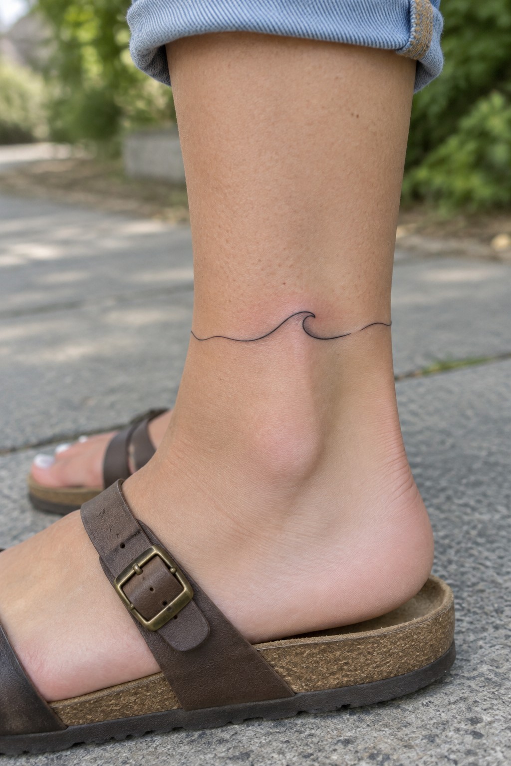 Wave tattoo on ankle above brown buckled sandal and cuffed blue jeans