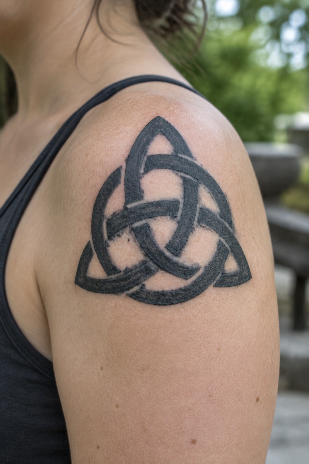 Dark interlaced Celtic knot tattoo on a woman’s upper shoulder.