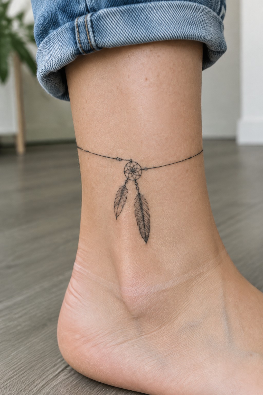 Fine-line dreamcatcher tattoo wrapped around an ankle, with two small feathers hanging below the web.