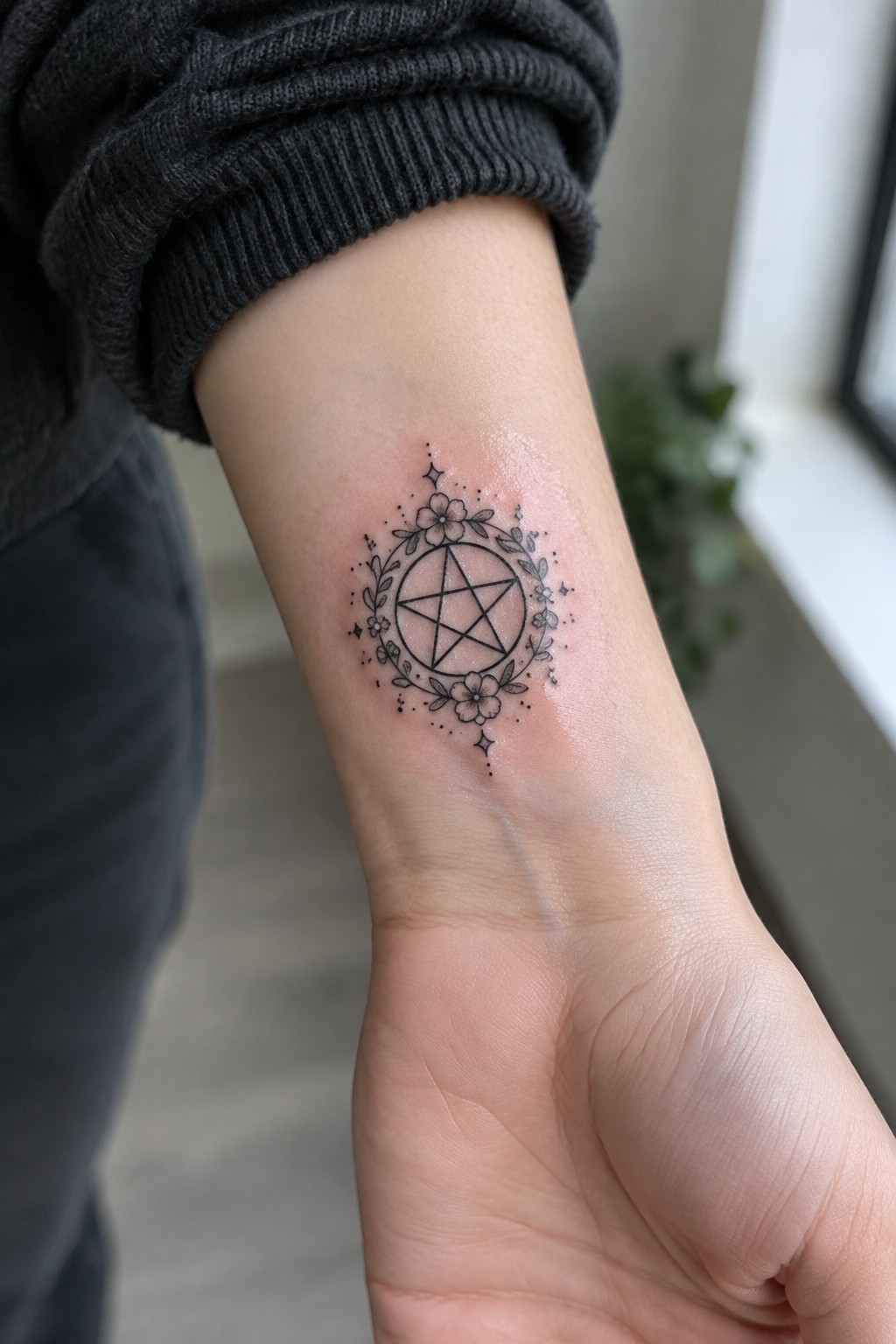 Small black pentagram tattoo framed by flowers and leaves on the inner forearm.