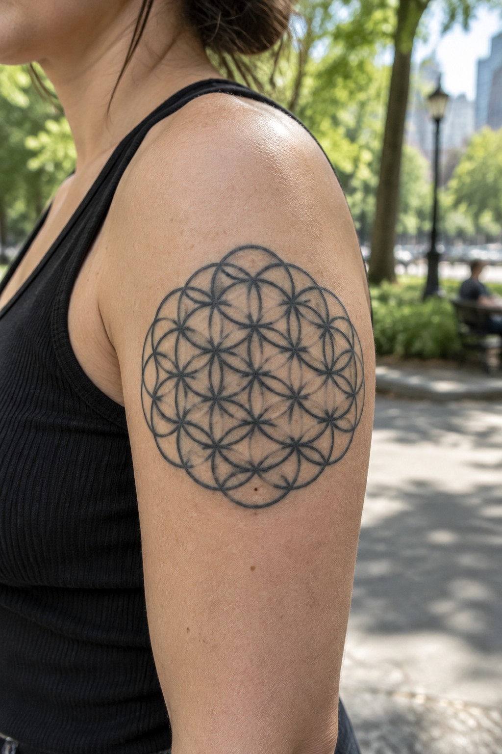 Black flower of life geometric tattoo on a woman’s outer upper arm.
