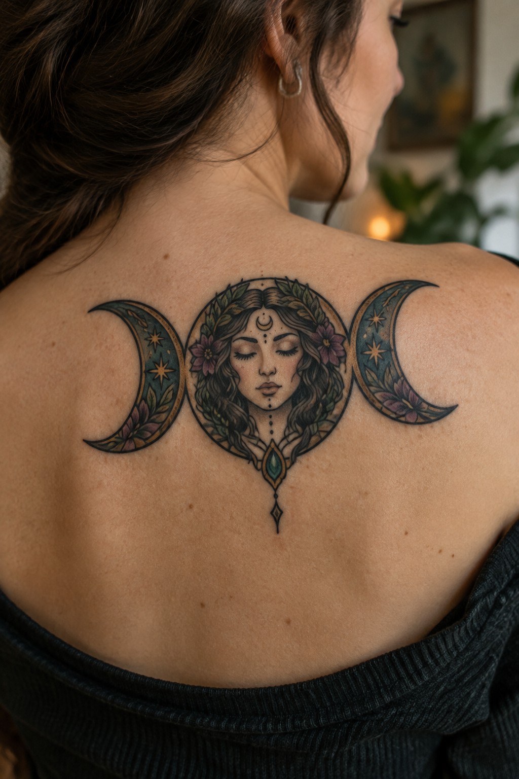 Colorful triple moon tattoo with a goddess face, stars, flowers, and leaves centered across a woman’s upper back.