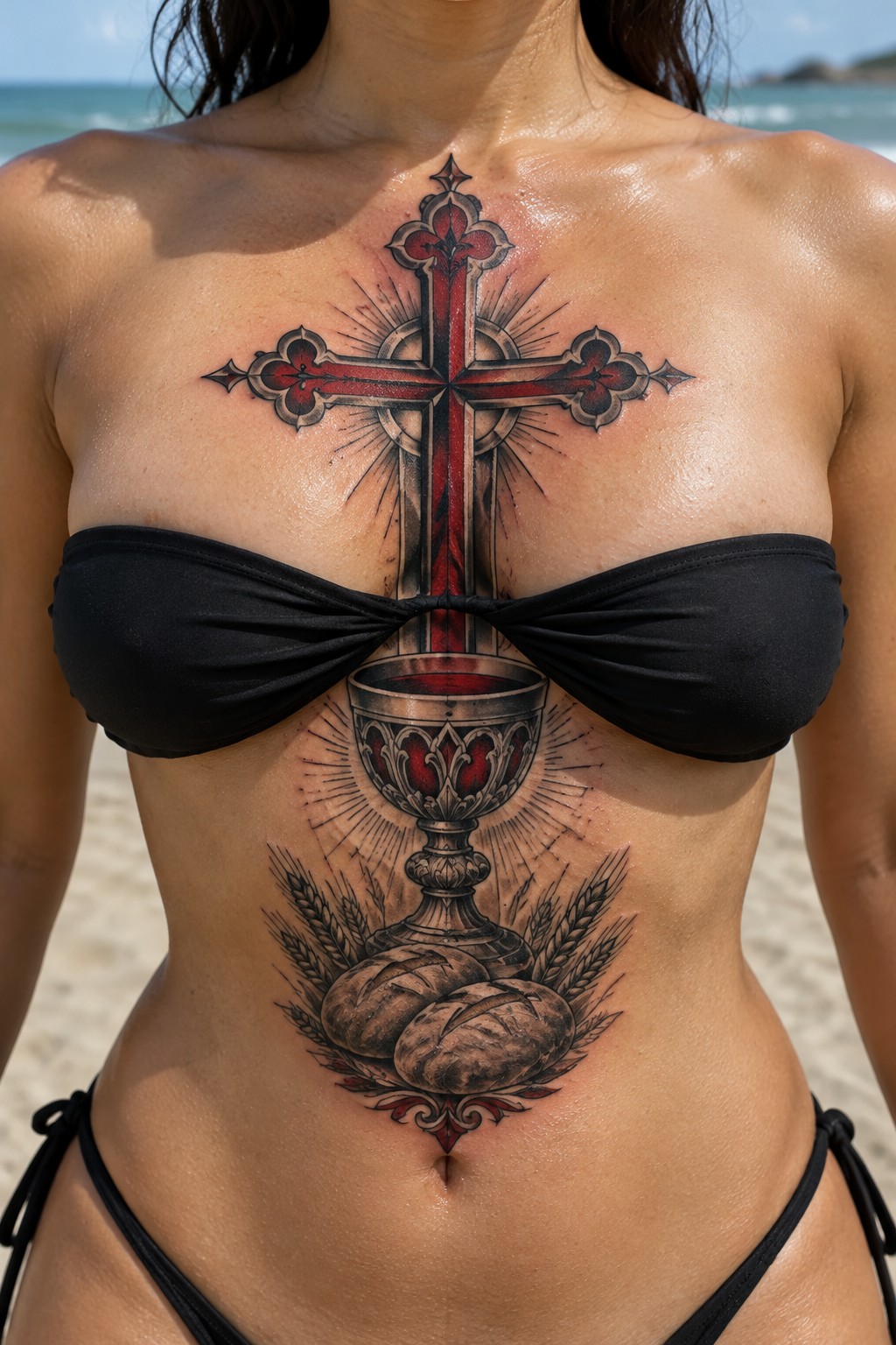 Woman in black bikini with large red cross, chalice, and wheat tattoo on beach