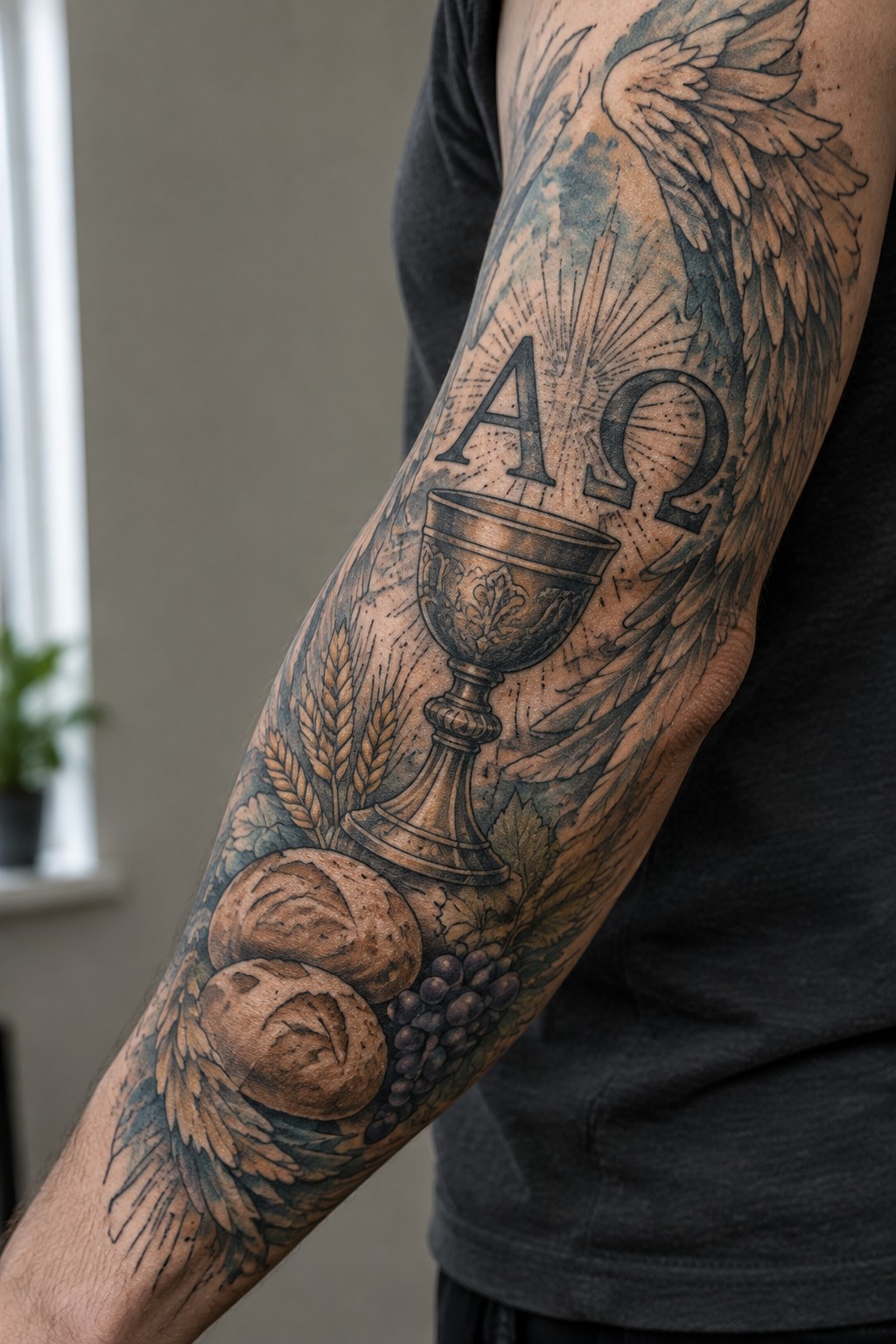 Gray t-shirt sleeve with realistic tattoo of chalice, bread, grapes, wheat and Alpha Omega