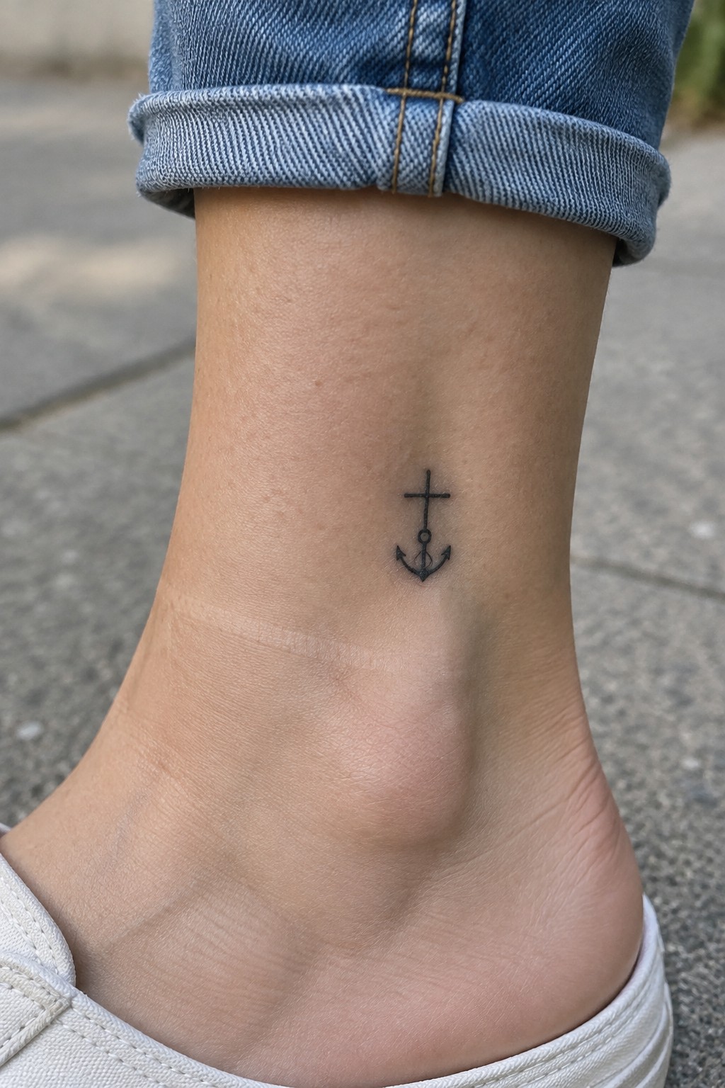 Black anchor and cross tattoo on ankle beneath cuffed blue jeans and white shoe.