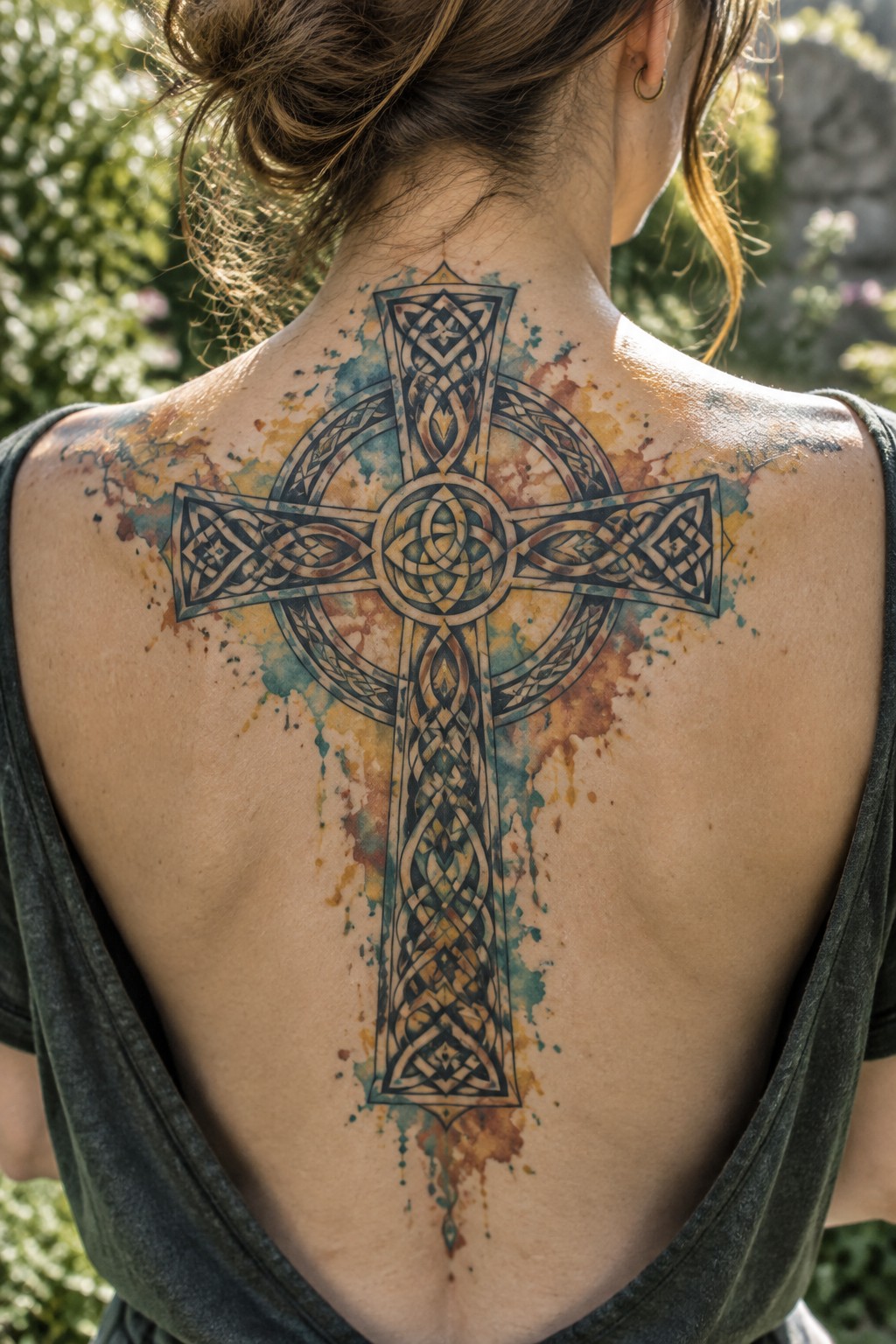Woman's back with large Celtic cross tattoo in colorful watercolor style over dark top