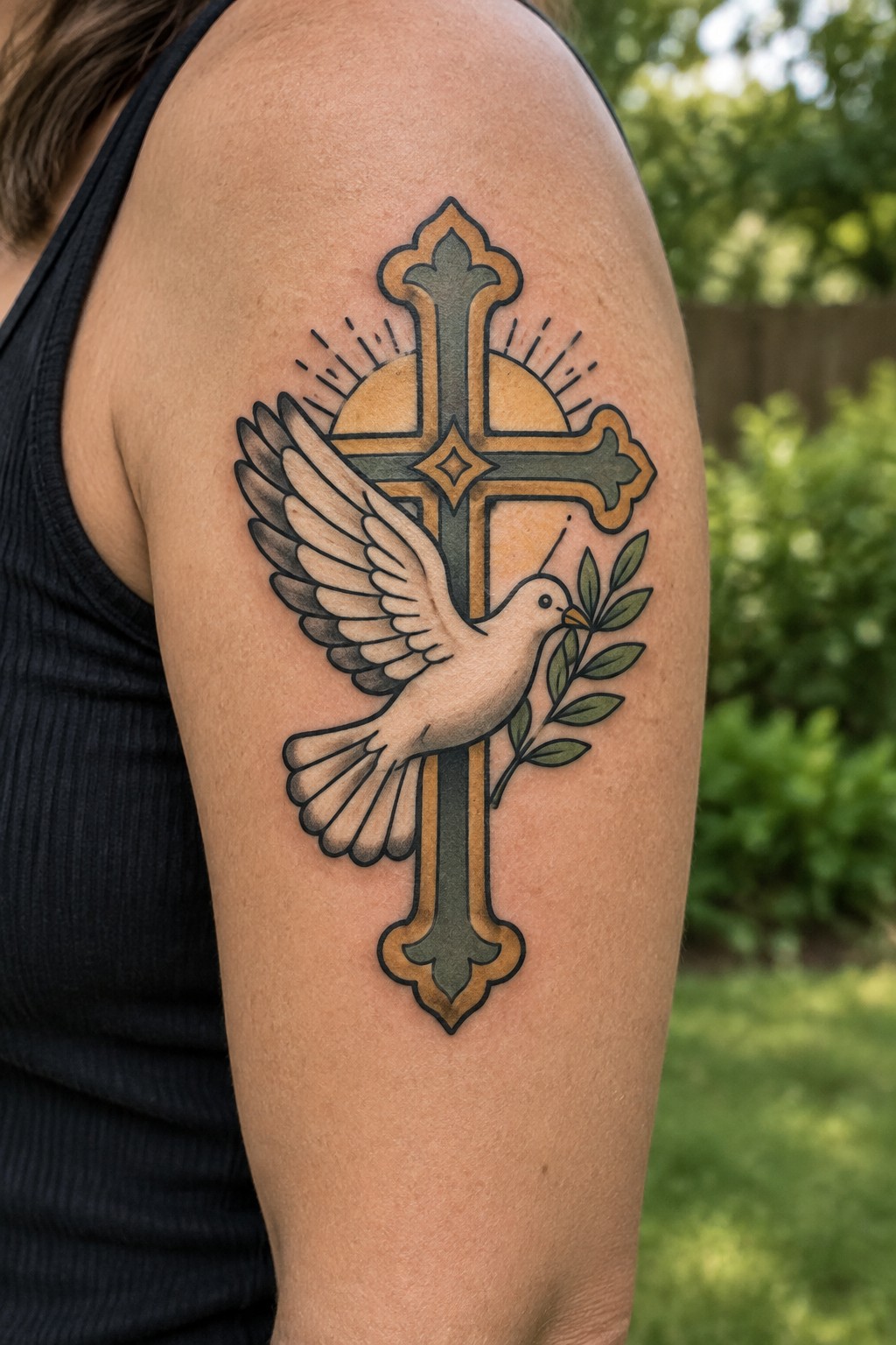 Ornate cross and dove tattoo on shoulder of person in black tank top