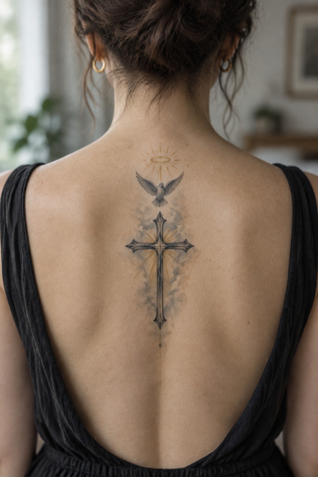 Woman's back with ornate cross, dove, halo tattoo in black sleeveless top