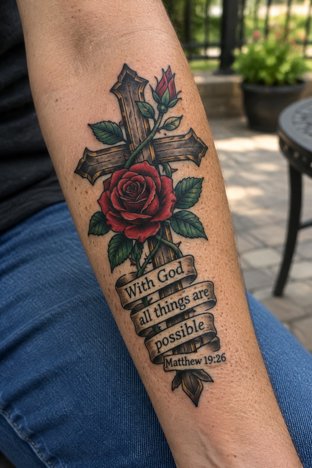 Arm tattoo of wooden cross with red roses and Bible verse banner on jeans