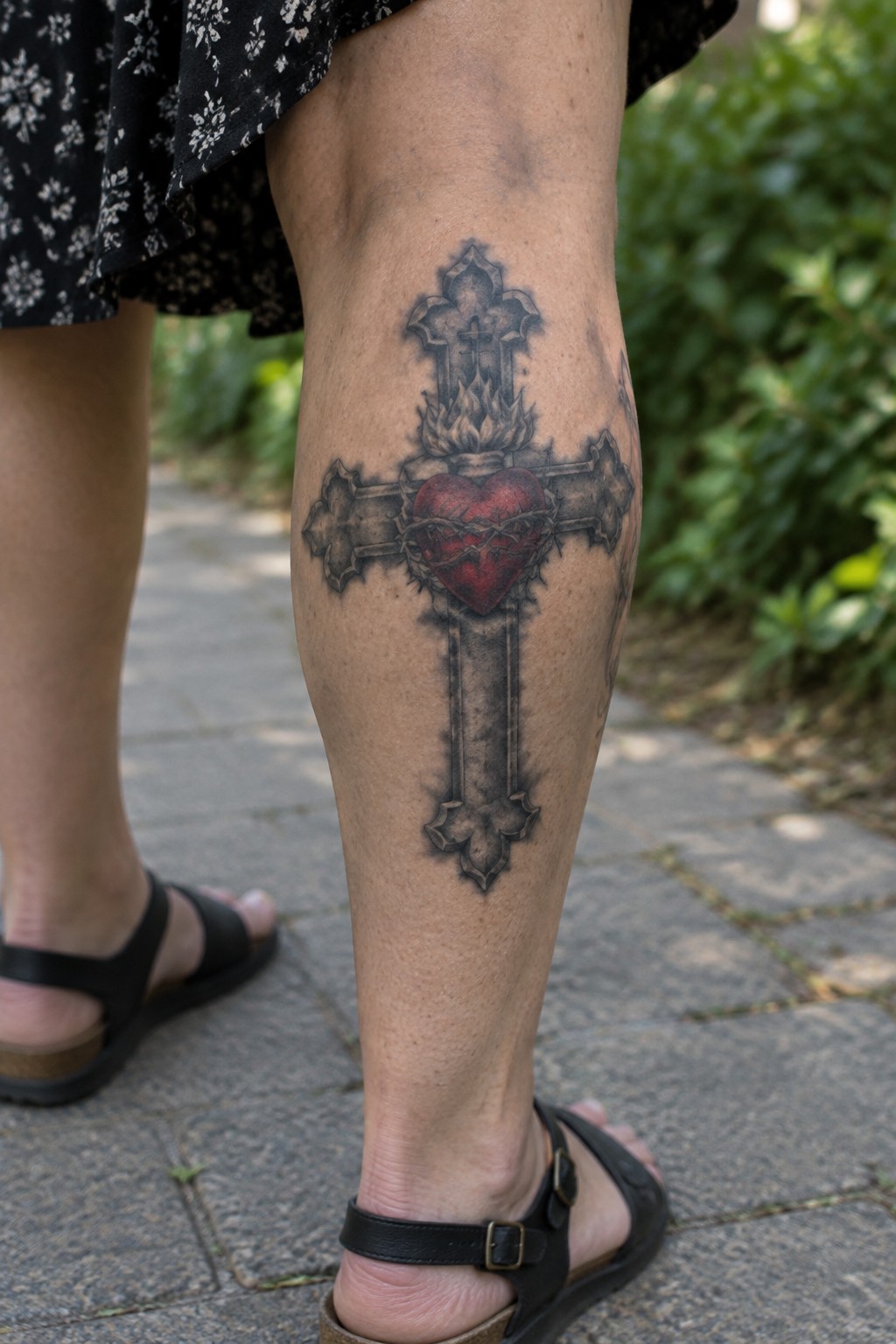 Ornate cross tattoo with red heart on leg in black floral skirt and sandals