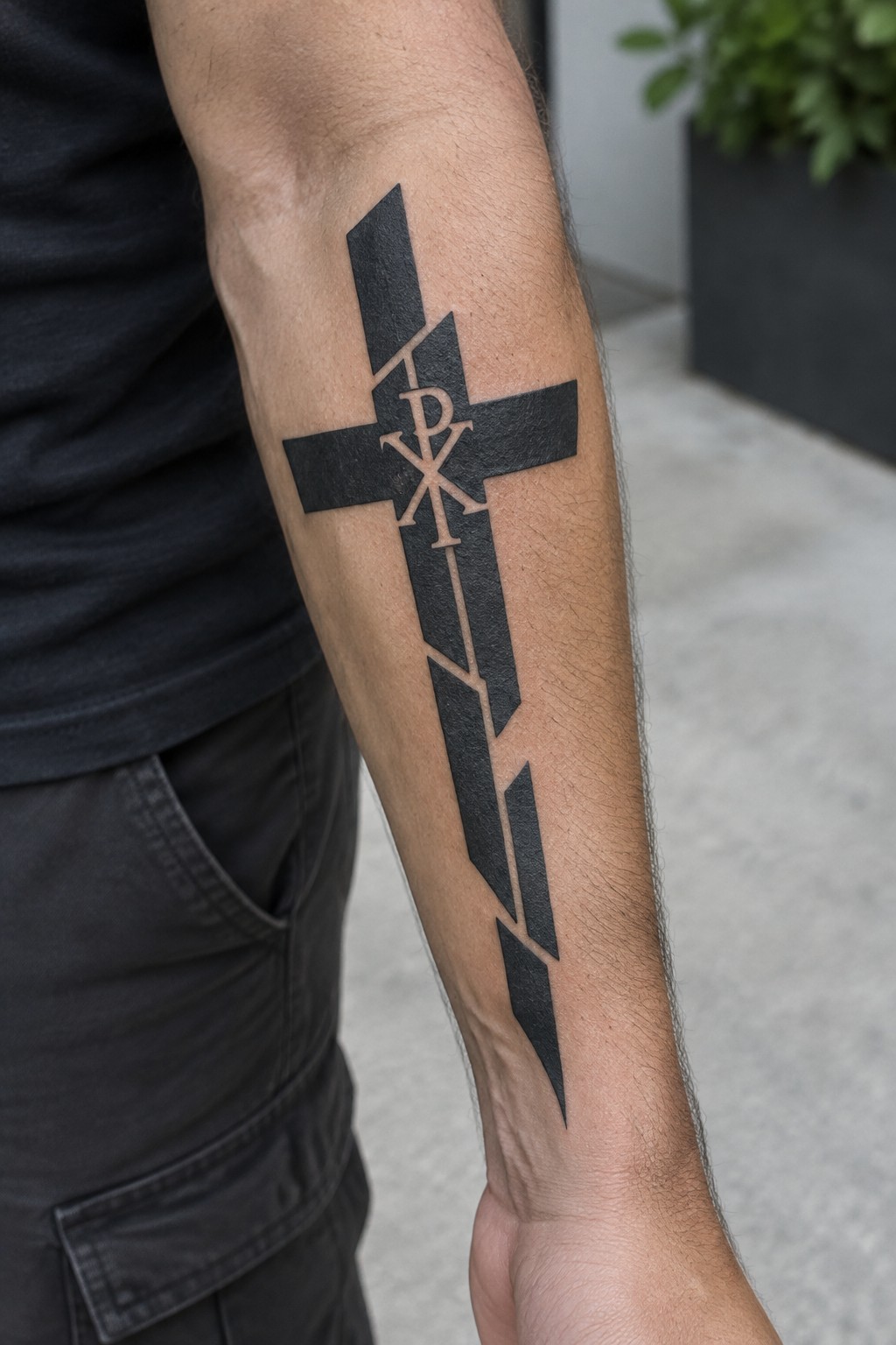Black cross tattoo with chi rho symbol centered on inner forearm