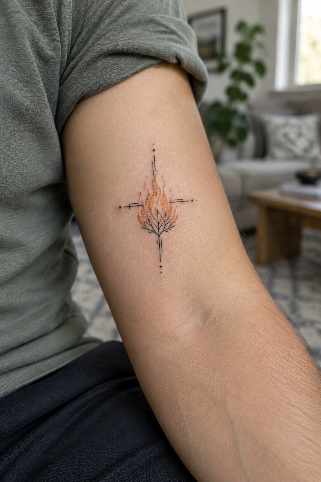 Upper arm in green shirt with orange flame-cross tree tattoo