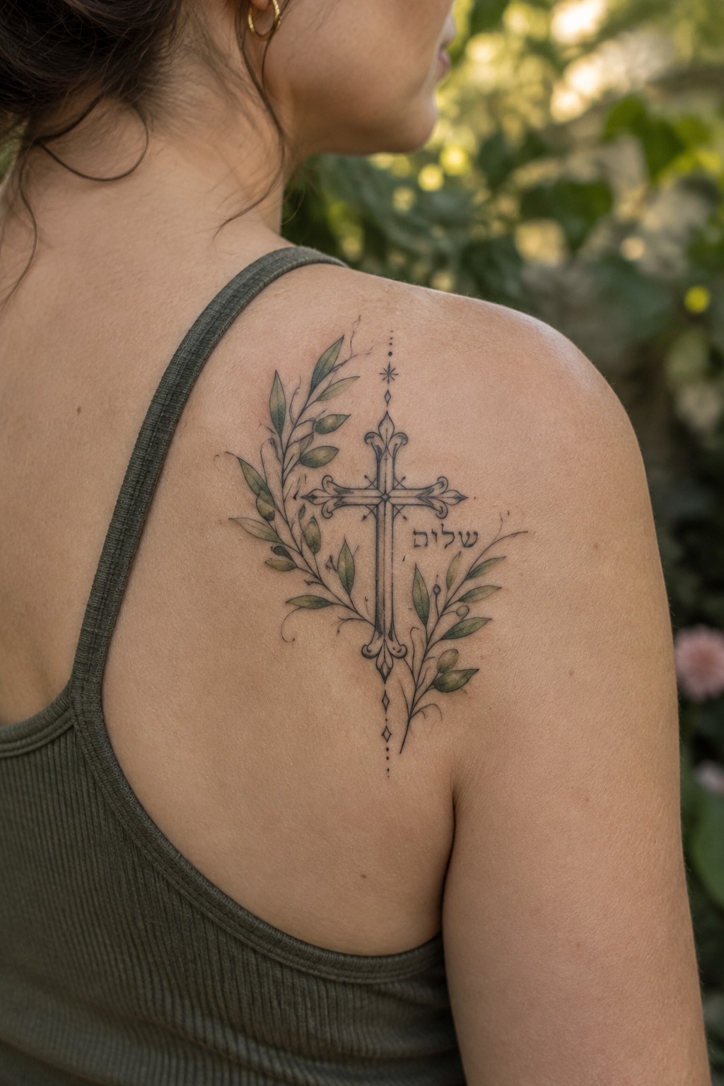 Woman's shoulder with ornate cross tattoo, leafy vines, and Hebrew text on green tank top