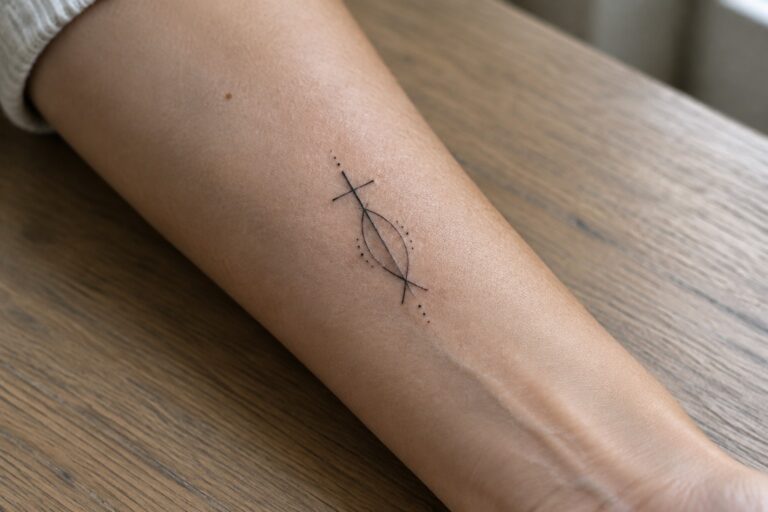 21 Unique Biblical Tattoos Built Around Crosses and Sacred Symbols Minimalist black fish-and-cross tattoo with dotted lines on forearm over wood