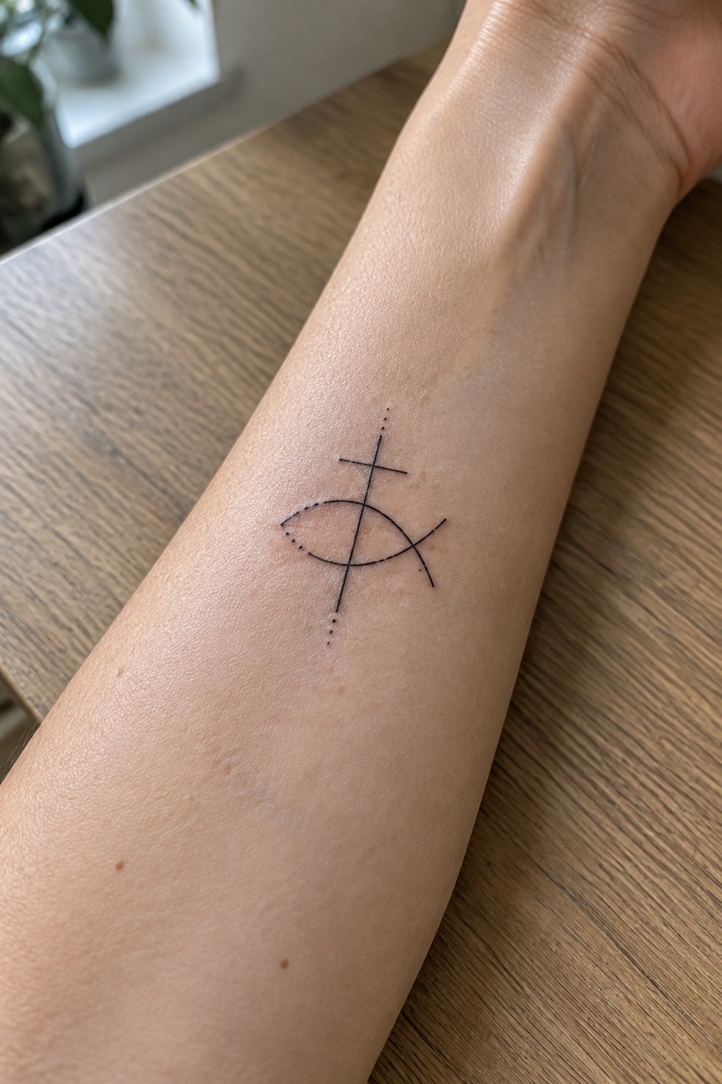 Minimalist black fish-and-cross tattoo with dotted lines on forearm over wood