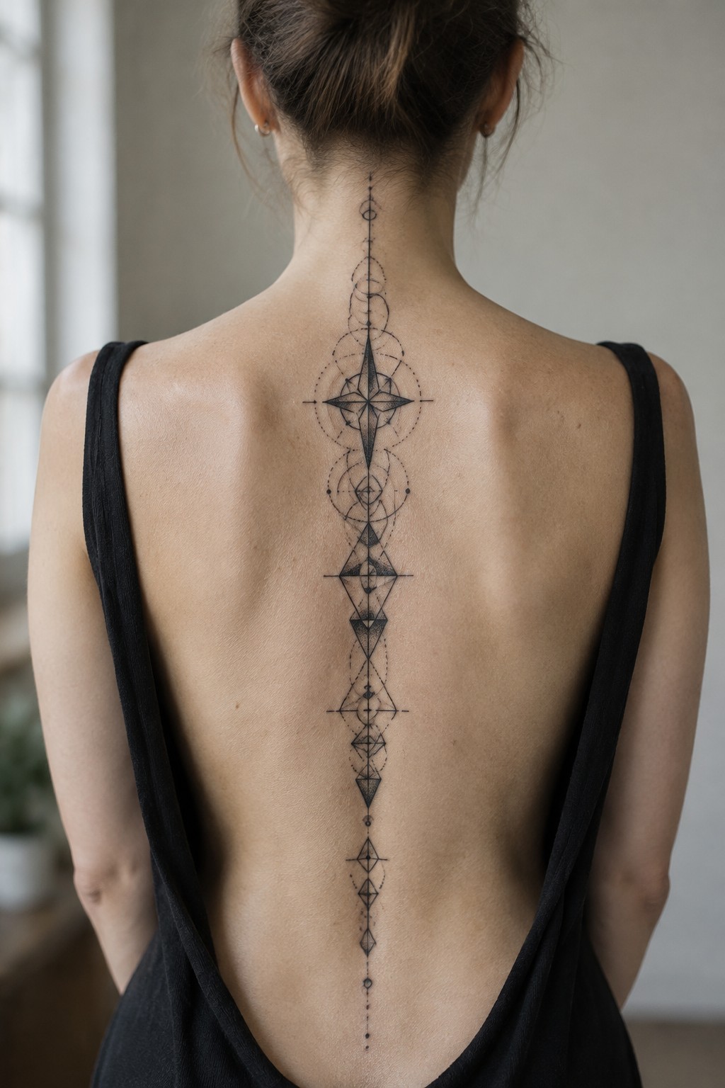 Woman's back with intricate black geometric spine tattoo, wearing black tank top