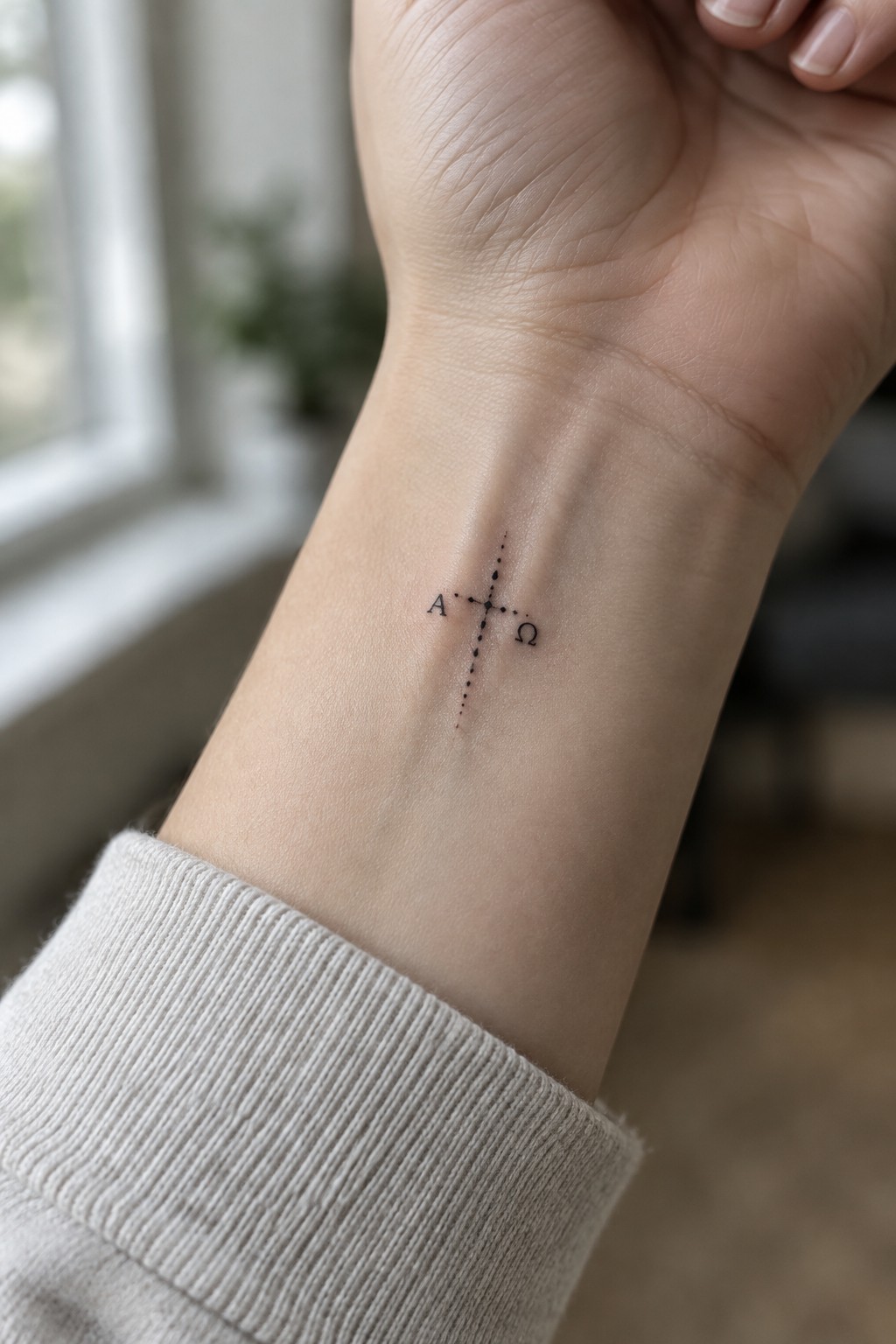 Wrist with dotted cross tattoo of A and Ω, light ribbed sweater cuff visible