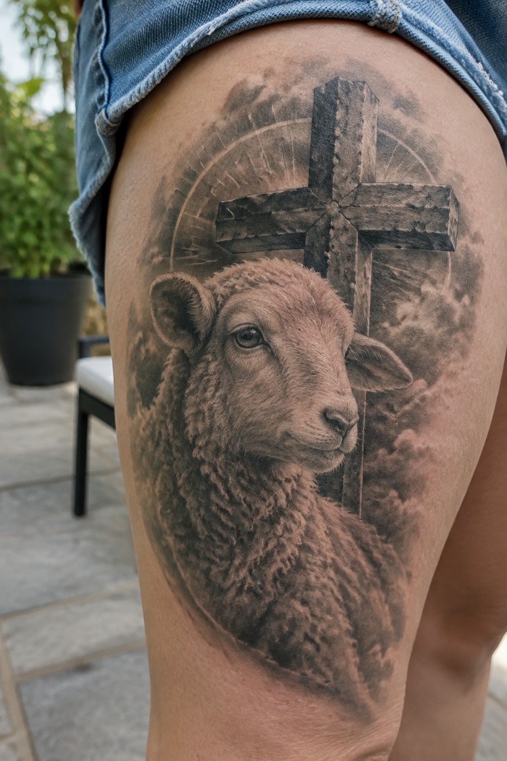 Detailed black-and-gray tattoo of lamb and cross on thigh beneath blue denim shorts.