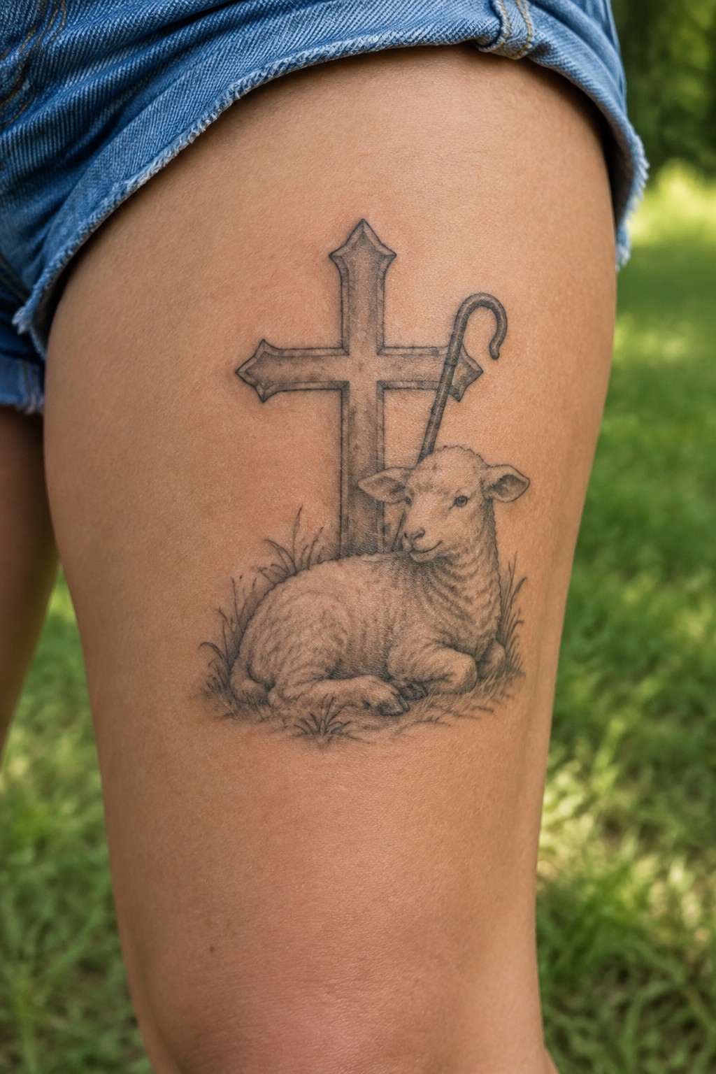 Realistic black-and-gray tattoo of lamb beside cross and staff on thigh