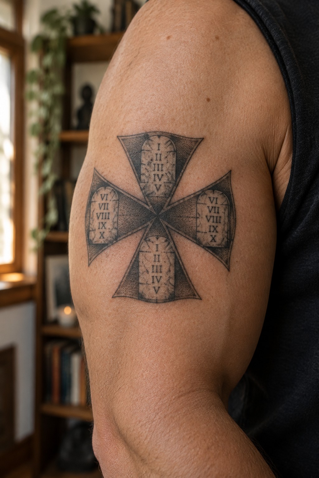 Black and gray cross tattoo with Roman numerals on upper arm