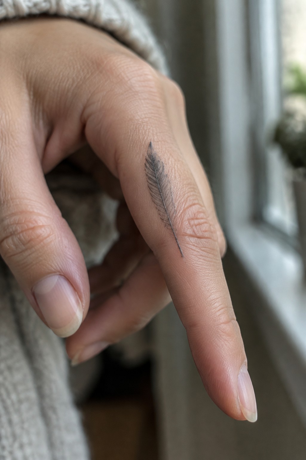 Fine-line feather tattoo along the side of a finger.