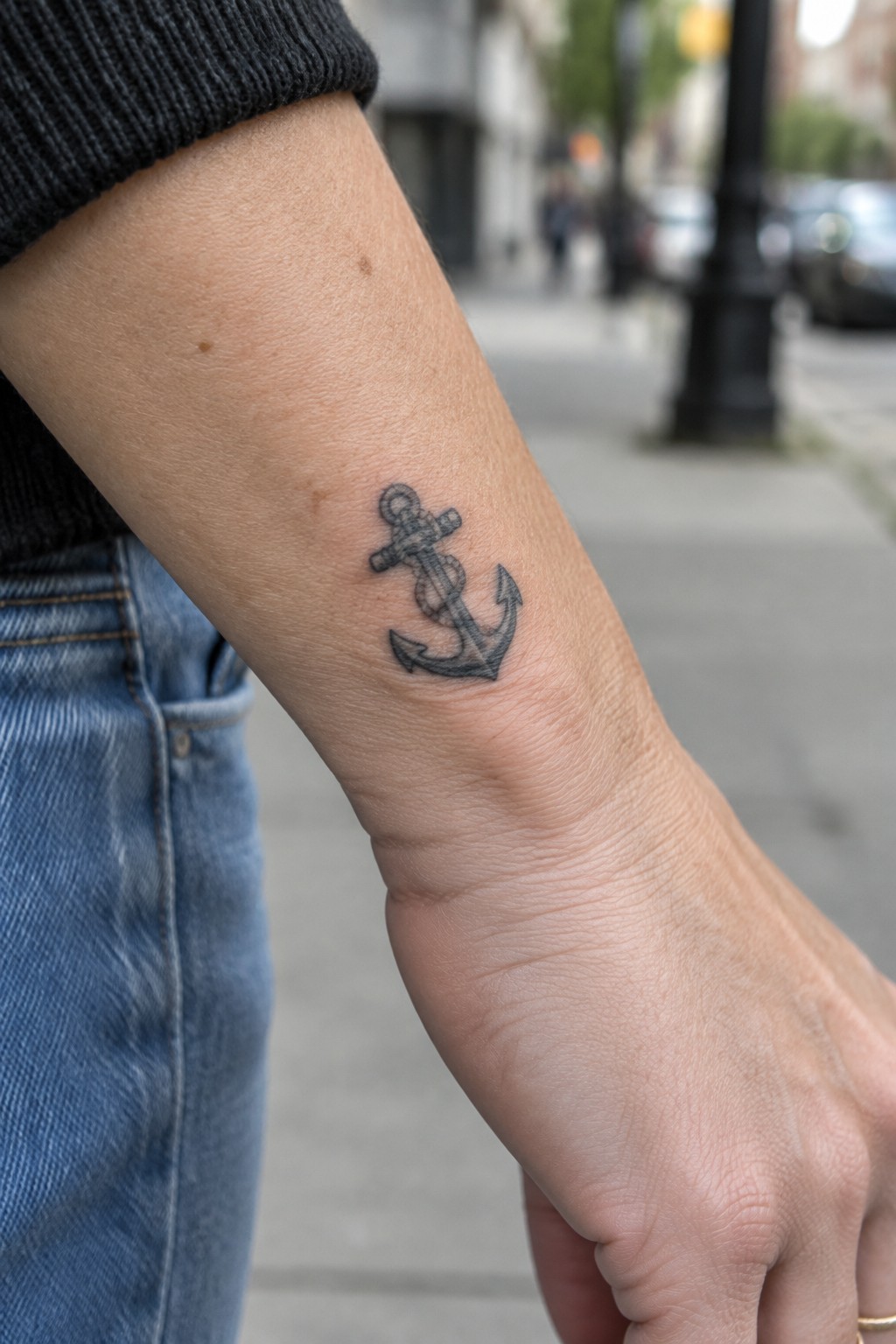 Small black and gray anchor tattoo on the inner forearm near the elbow.
