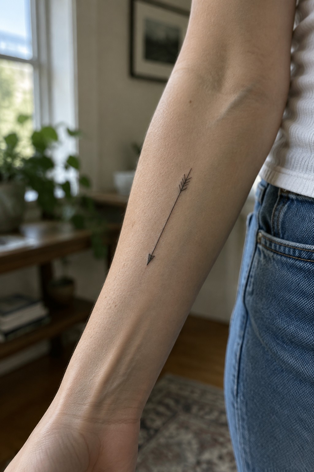 Small fine-line arrow tattoo with a feather detail on the inner forearm.