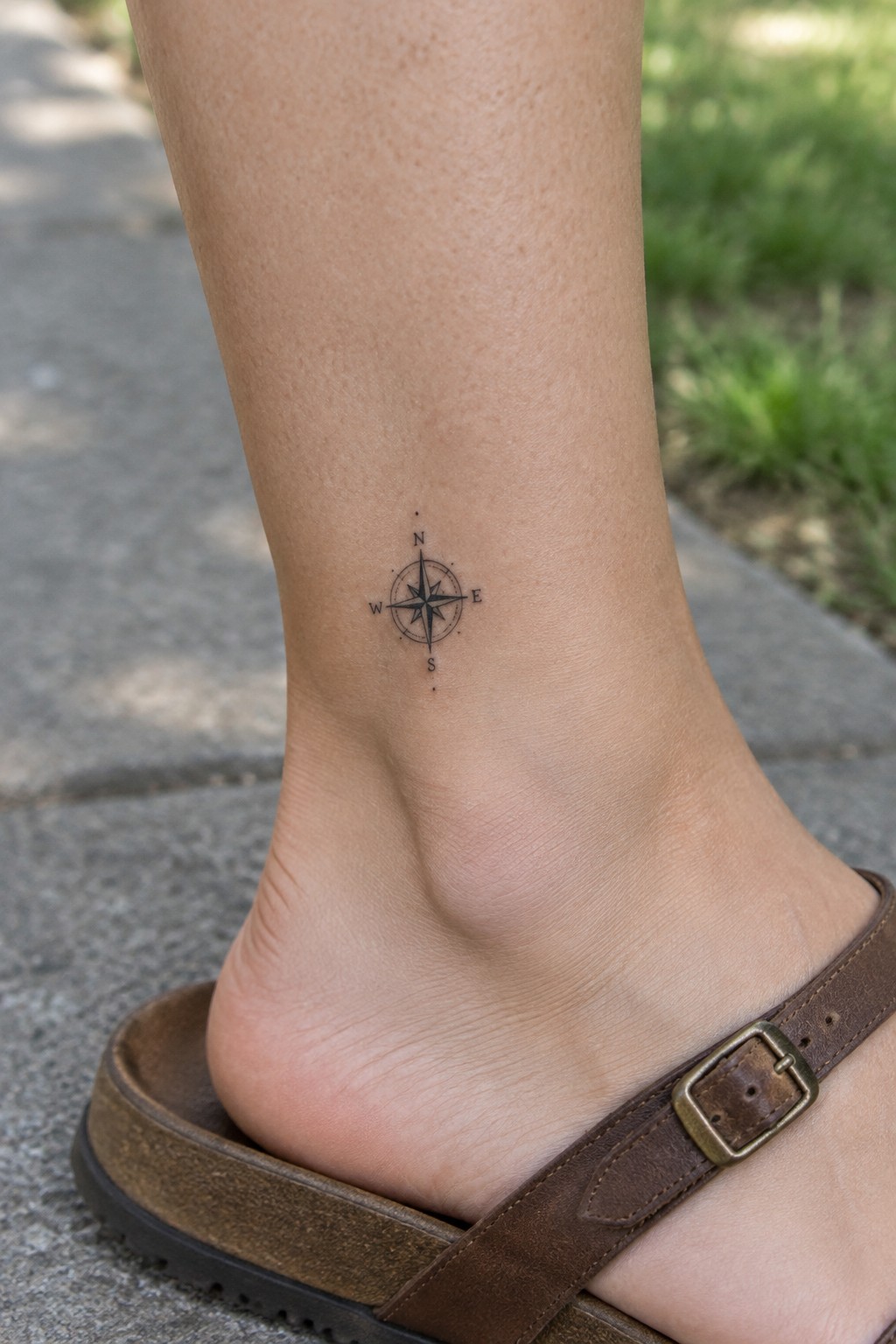 Small black compass rose tattoo with N, S, E, and W lettering on the inner ankle above a brown sandal.