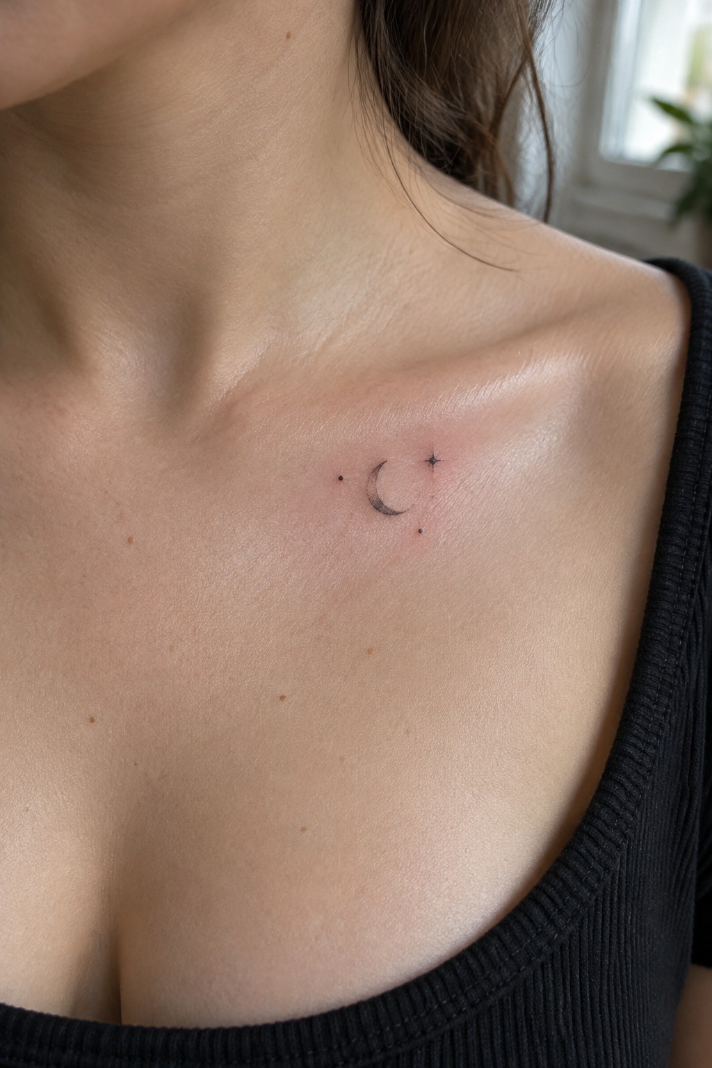 Small black crescent moon tattoo with a tiny star and dot accents below the collarbone.