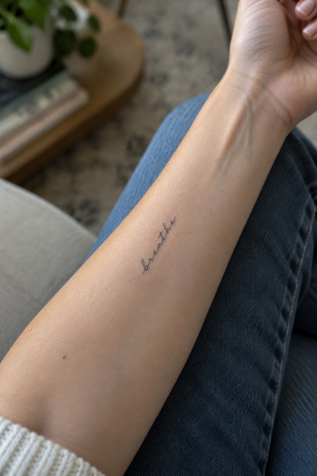 Small cursive word tattoo on the inner forearm.