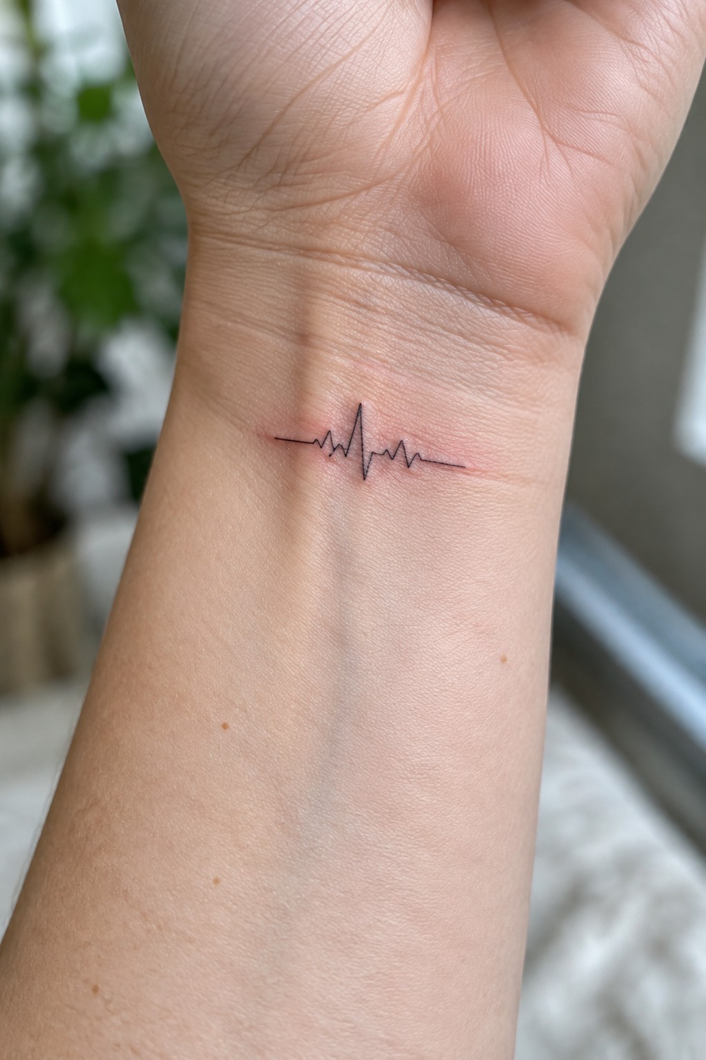 Small black heartbeat line tattoo on the inner wrist.