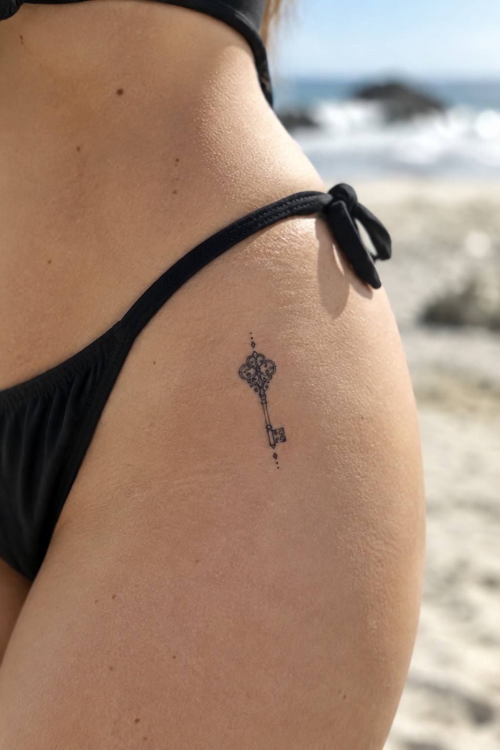 Small fine-line black key tattoo on the upper hip near the tie of a black bikini, photographed at the beach.